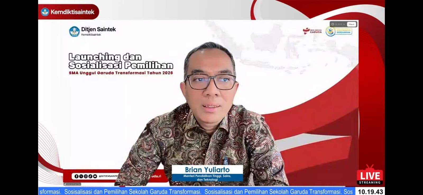 Kemdiktisaintek Gelar Sosialisasi SMA Unggul Garuda Transformasi 2026